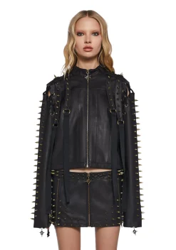 DARKER WAVS Outerwear|Tops*Warp Spiked Jacket With Lace Up Sleeves - Black