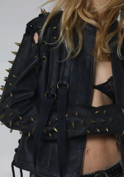 DARKER WAVS Outerwear|Tops*Warp Spiked Jacket With Lace Up Sleeves - Black