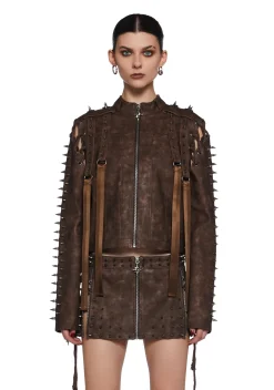 DARKER WAVS Outerwear|Tops*Warp Spiked Jacket With Lace Up Sleeves - Brown