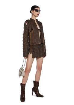 DARKER WAVS Outerwear|Tops*Warp Spiked Jacket With Lace Up Sleeves - Brown