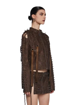 DARKER WAVS Outerwear|Tops*Warp Spiked Jacket With Lace Up Sleeves - Brown