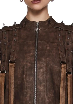 DARKER WAVS Outerwear|Tops*Warp Spiked Jacket With Lace Up Sleeves - Brown