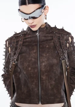 DARKER WAVS Outerwear|Tops*Warp Spiked Jacket With Lace Up Sleeves - Brown