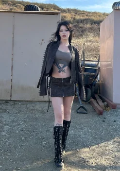 DARKER WAVS Outerwear|Tops*Warp Spiked Jacket With Lace Up Sleeves - Brown