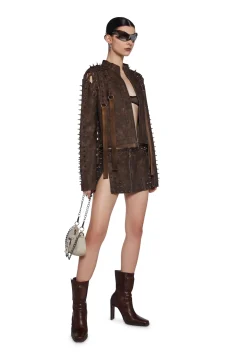 DARKER WAVS Bottoms|Skirts*Warp Spiked Mini Skirt With Zippers - Brown