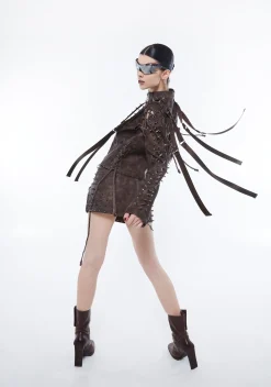 DARKER WAVS Bottoms|Skirts*Warp Spiked Mini Skirt With Zippers - Brown