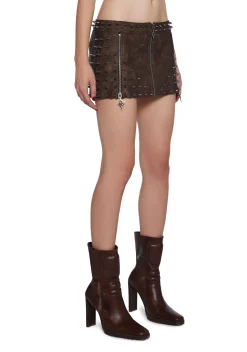 DARKER WAVS Bottoms|Skirts*Warp Spiked Mini Skirt With Zippers - Brown
