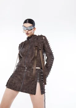 DARKER WAVS Bottoms|Skirts*Warp Spiked Mini Skirt With Zippers - Brown